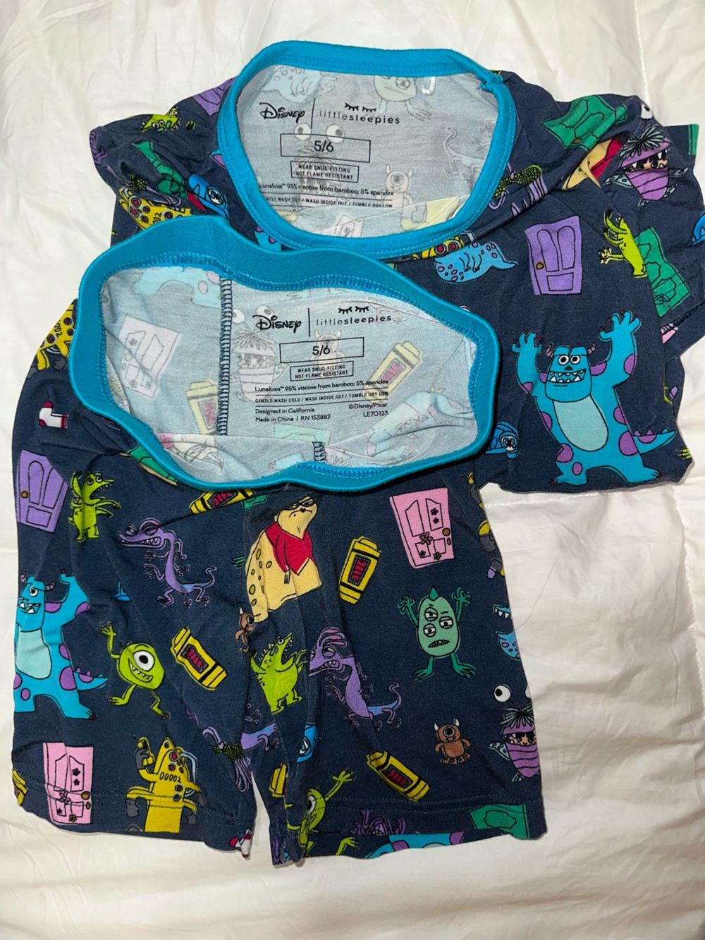 Kids Navy Monster Print Pajama Set with Teal Trim - Picture 3 of 3